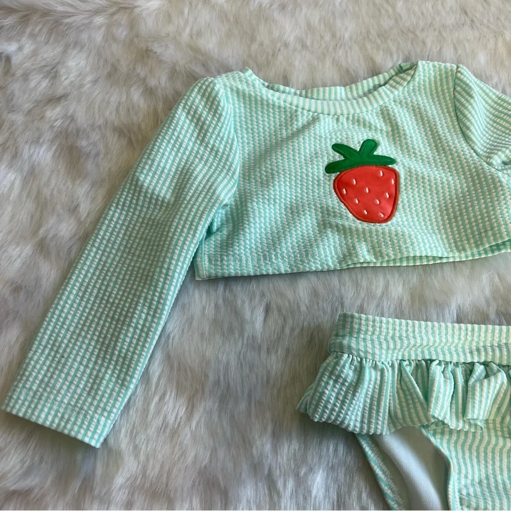 Cat & Jack Girls Long‎ Sleeve Striped Strawberry Two Piece Swimsuit Blue 18 M